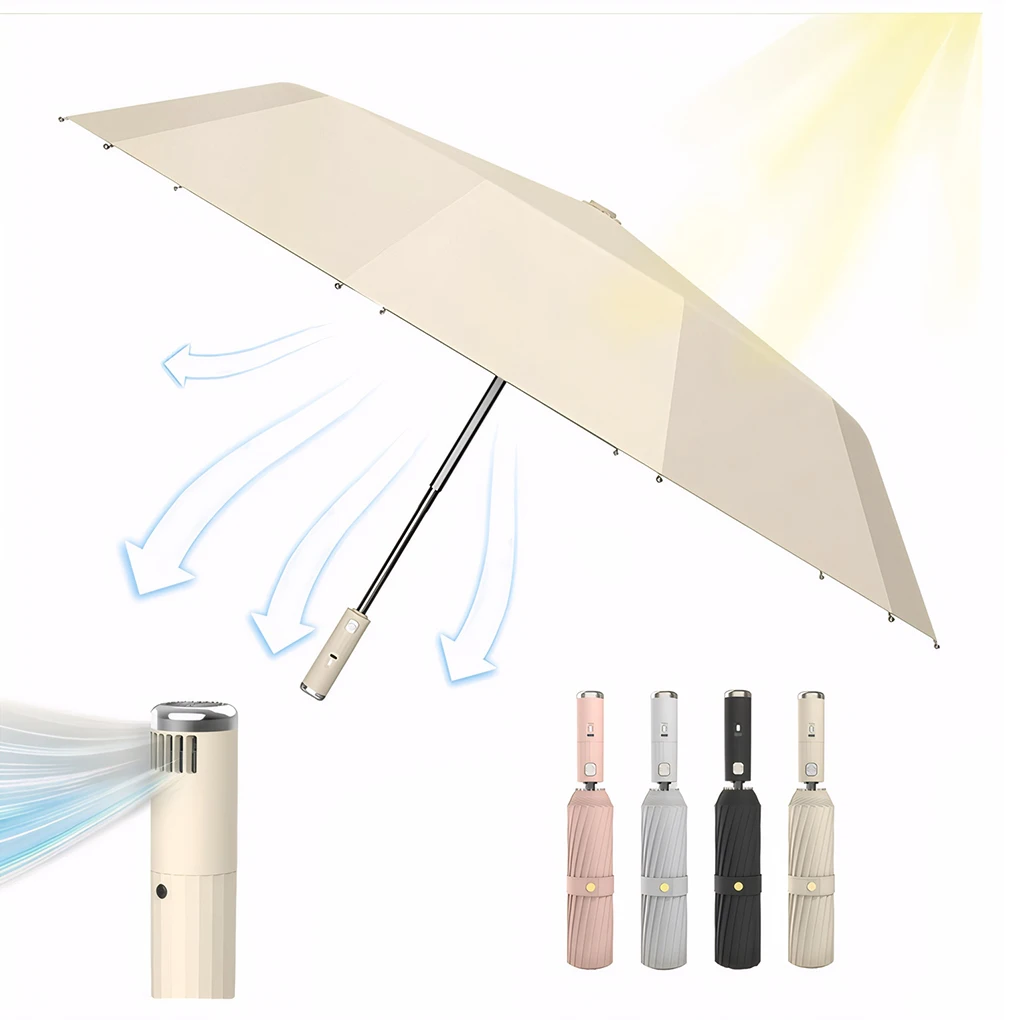 

106cm Sun Umbrella With Fan 3 Levels Adjustable USB Rechargeable UV Blocking Automatic Folding Sun Rain Umbrellas