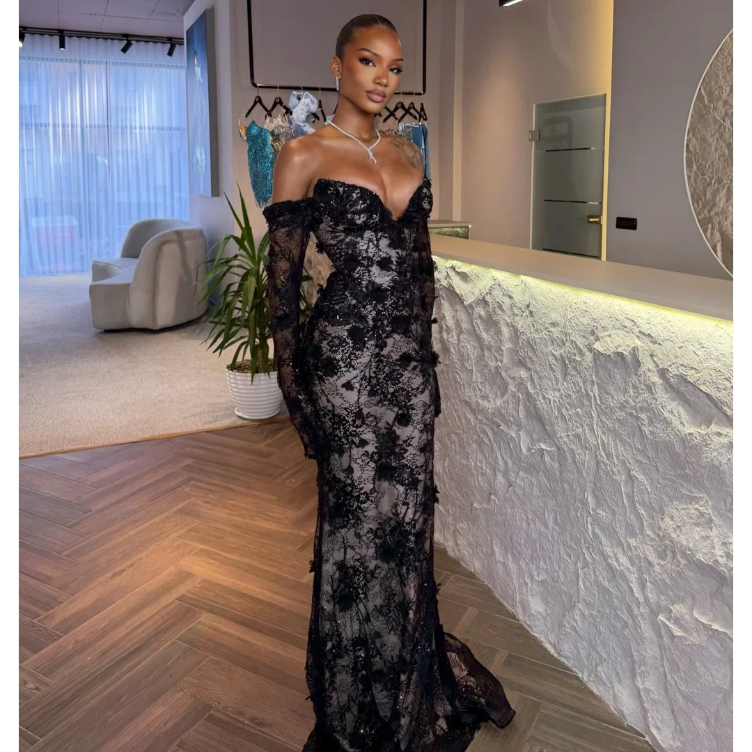 

Long Sleeves Mermaid Evening Dresses Floor Length 3D Floral Prom Gown with Lining Sequins Party Dress Customized Sexy Vestidos