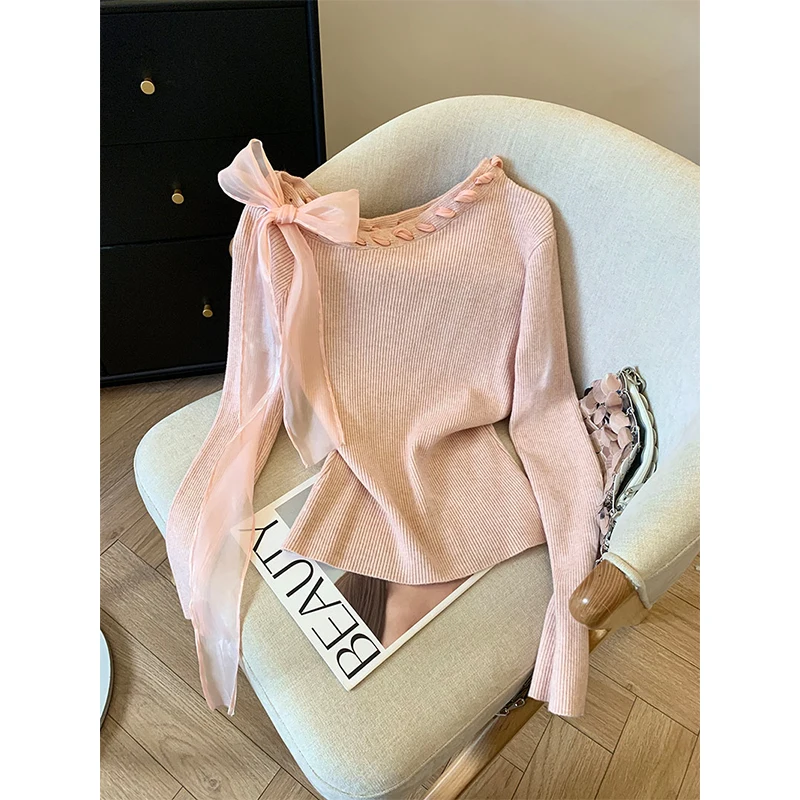 

MEXZT Pink Off Shoulder Sweater Women Fashion Bow Lace Up Knitted Pullovers Elegant Korean Knitwears Winter Long Sleeve Jumpers