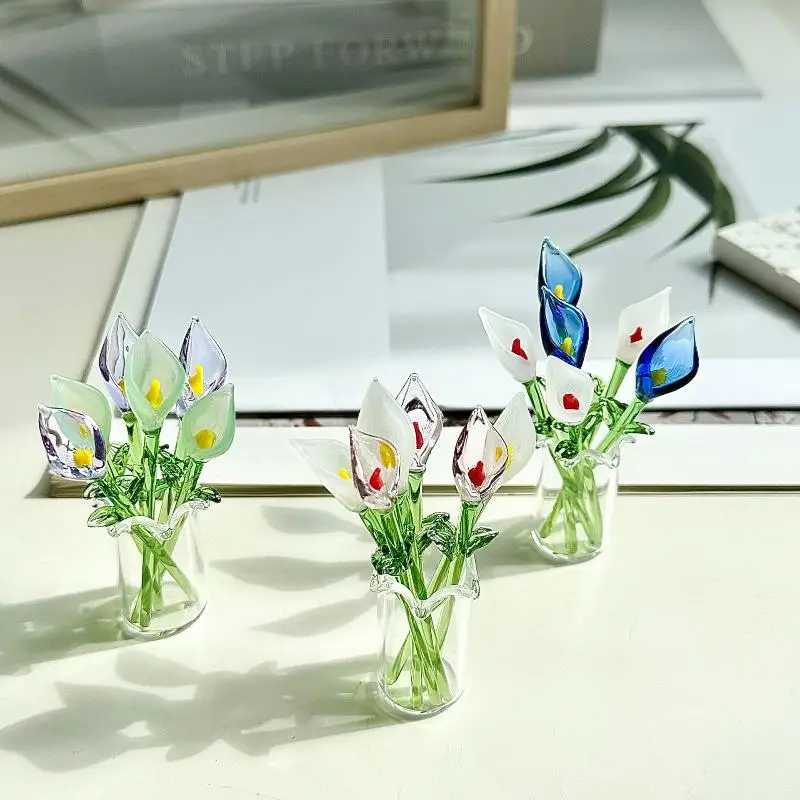 Handcrafted Glass Callalily With Stem Hand-Blown Mini Glass Flower Figurine Decoration Home Colorful Floral Ornament
