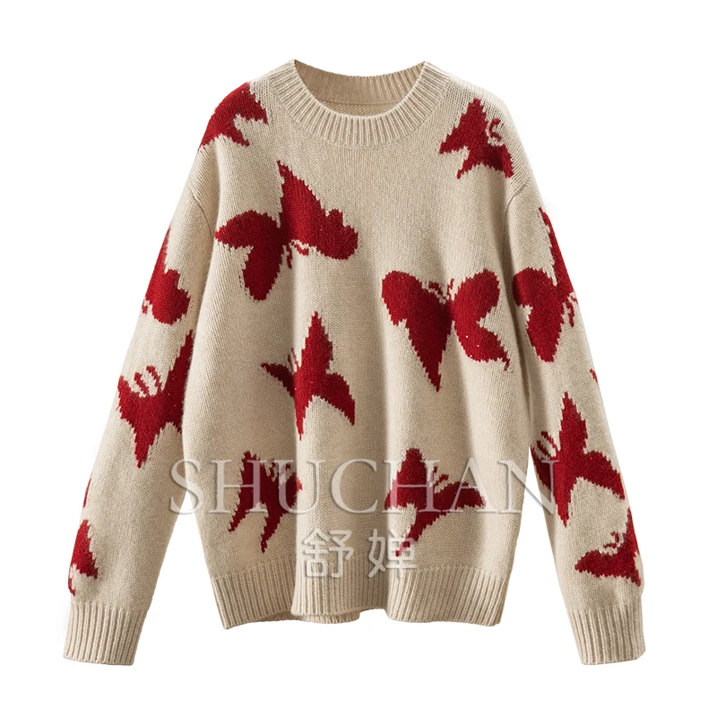 

Butterfly Warm Luxury 100 Cashmere Jacquard Crew Neck Sweater Women Pullover Sueter Mujer Sweaters Women Tops Women 2024