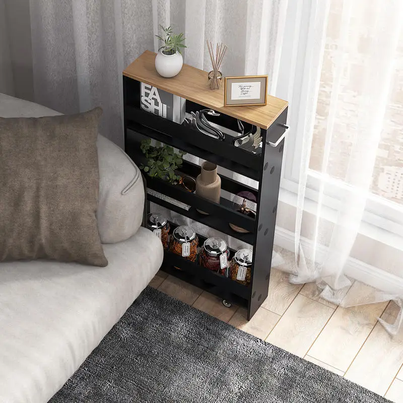 3-Tier Rolling Kitchen Storage Cart, Engineered Wood Mobile Shelving Unit With Side Panels And Silent Casters, Narrow Gap Organizer For Bathroom Living Room, Black