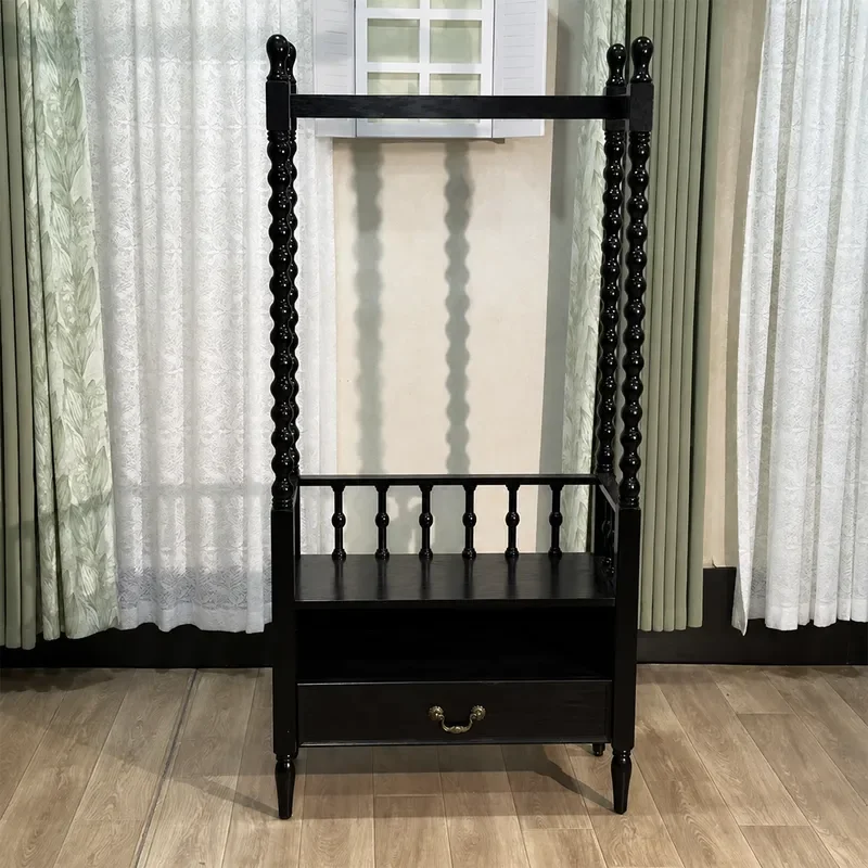 Medieval Black Solid Wood Coat Rack Floor Standing Hanger for Bedroom Bedside Clothes Storage