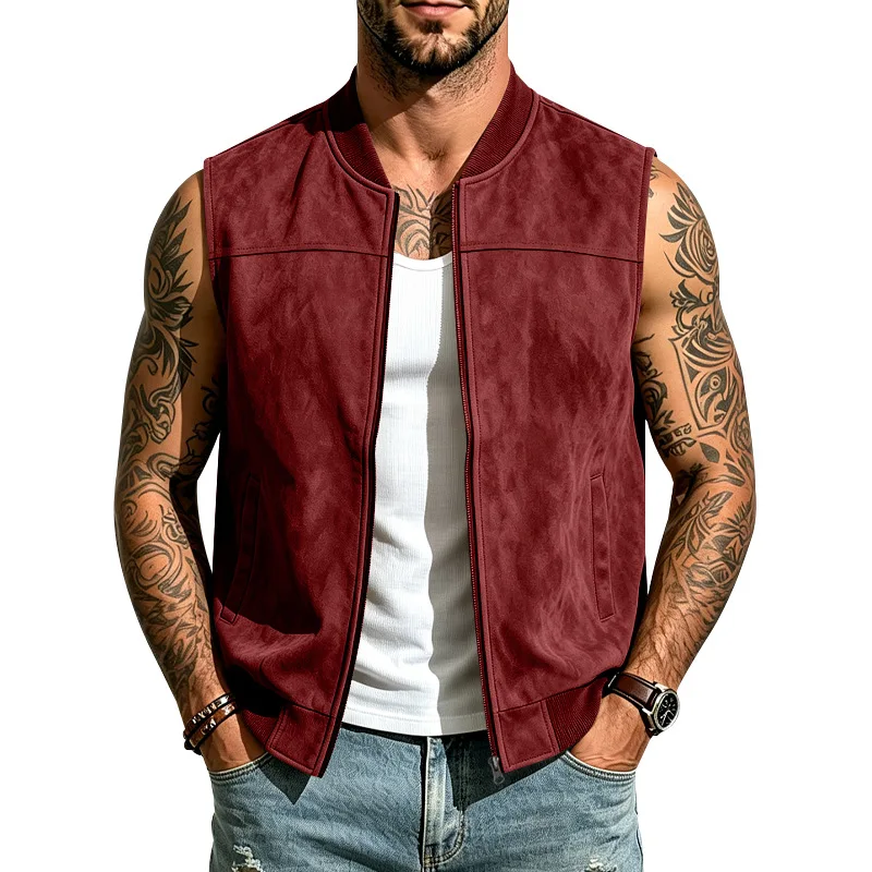 Men's Spring-Autumn Casual Outfit: Faux-Leather Sleeveless Baseball Round-Neck Zipper Jacket with Side Pockets and Relaxed Fit.