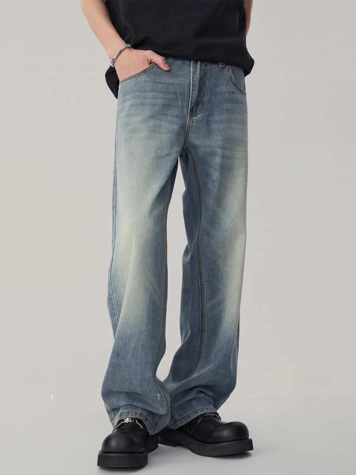 

American Sle Refined Vintage Straight Leg Men's Jeans Thin High Street Wide Leg Pants Casual Loose Fit Spring Season