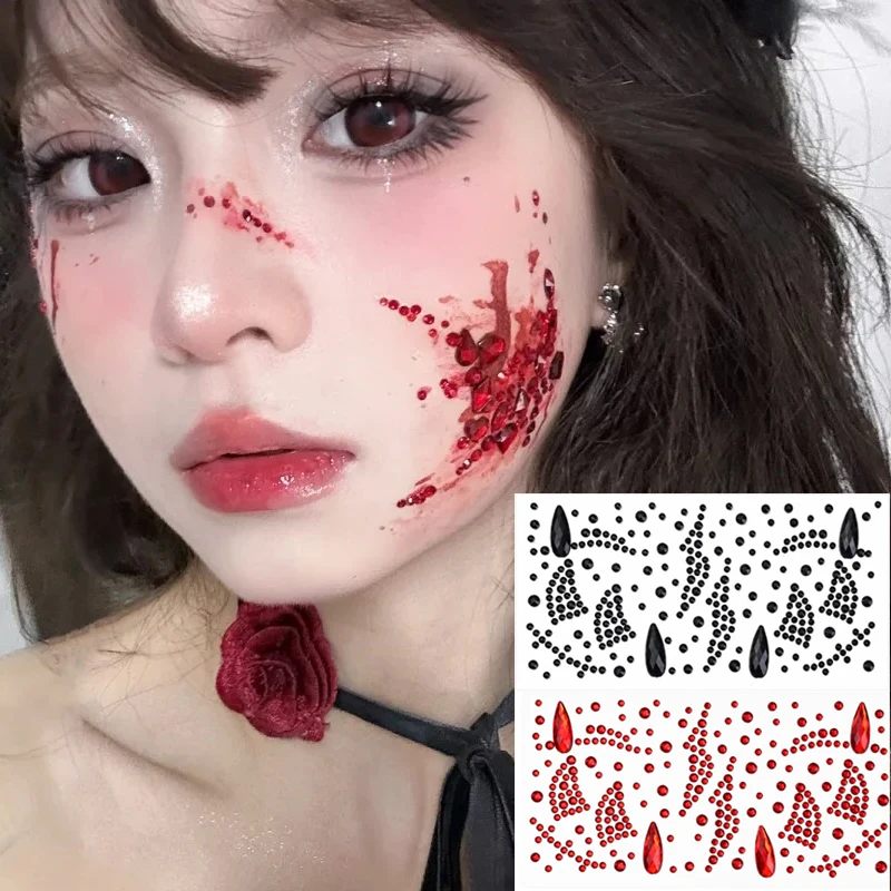 Mix Sized Rhinestone Facial Stickers Red Black Self Adhesive Body Brow Face Makeup Geometric Shape Halloween Decoration Sticker