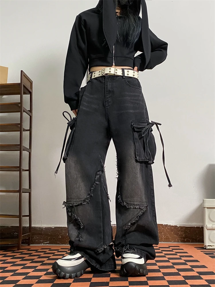 RORORIRI Stitch Star Raw Edge Cargo Pants Women Black Vintage Wash Pocket Deconstructed Y2k Whiskers Baggy Jeans Acubi Fashion