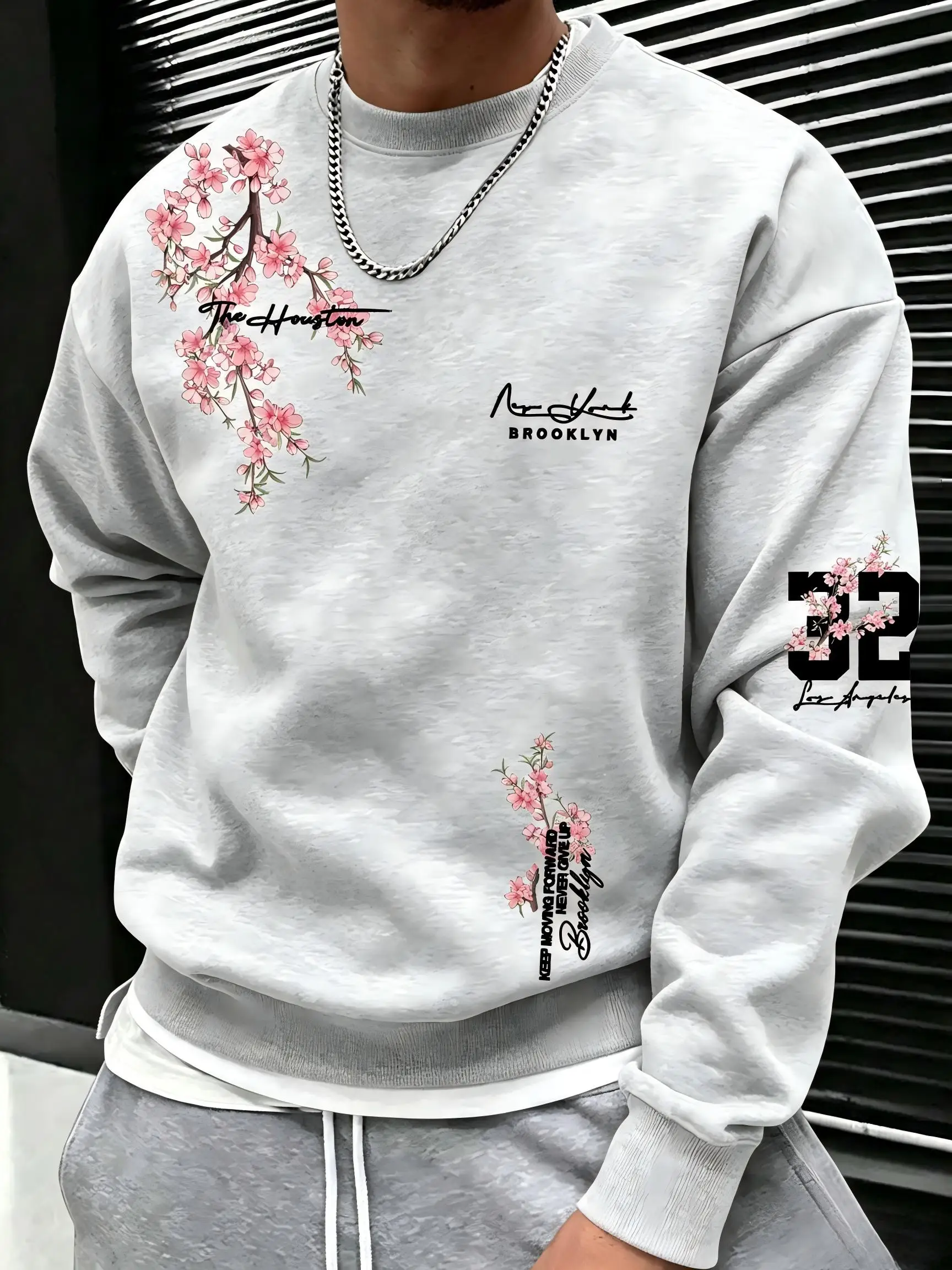 American men's autumn Brooklyn cherry blossom print soft and comfortable round neck long sleeved T-shirt outdoor street top