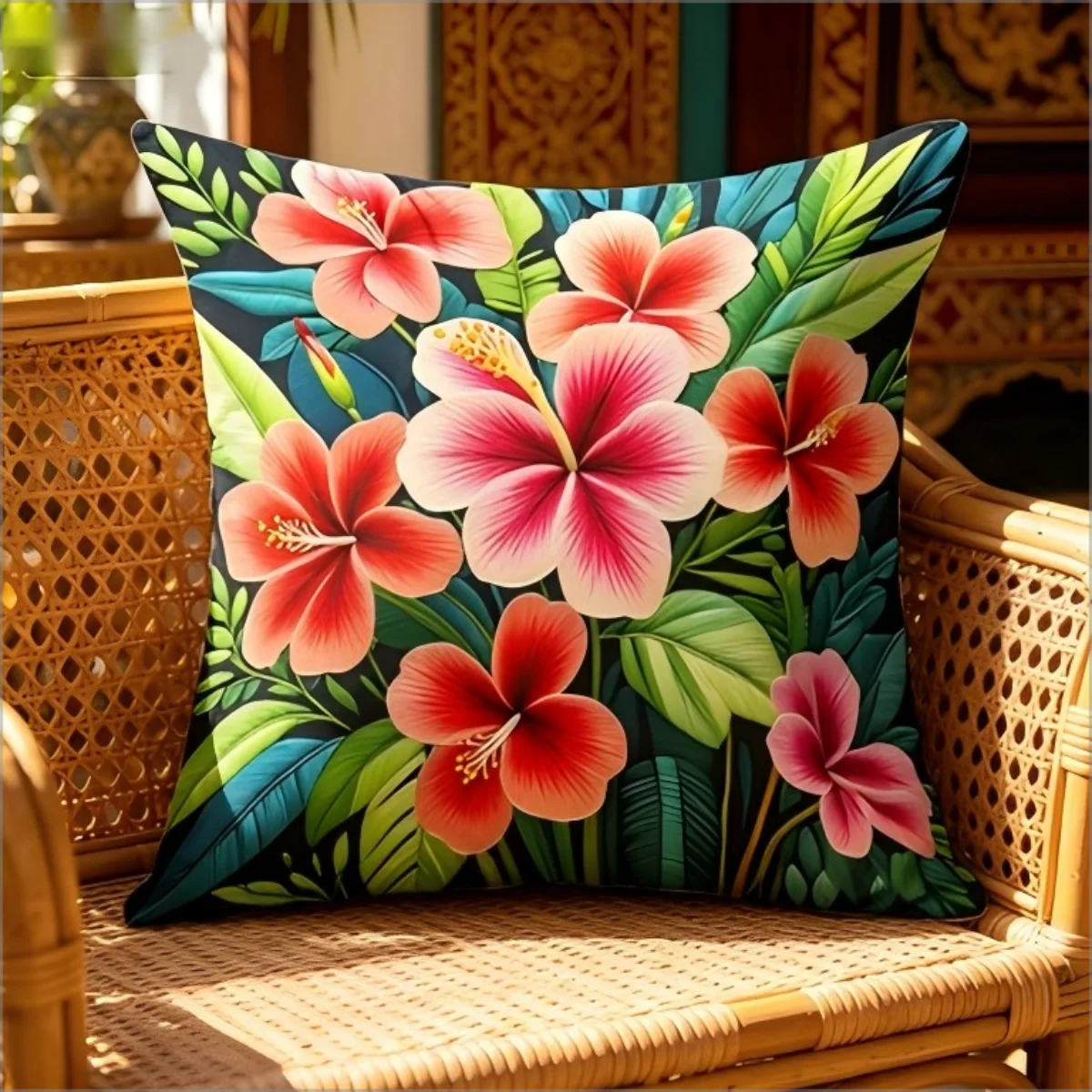Tropischer Hibiskus-Druck Kissenbezug, Kunststickerei Rosa-Rote Blumen Botanische Dekorative Kissenhülle
