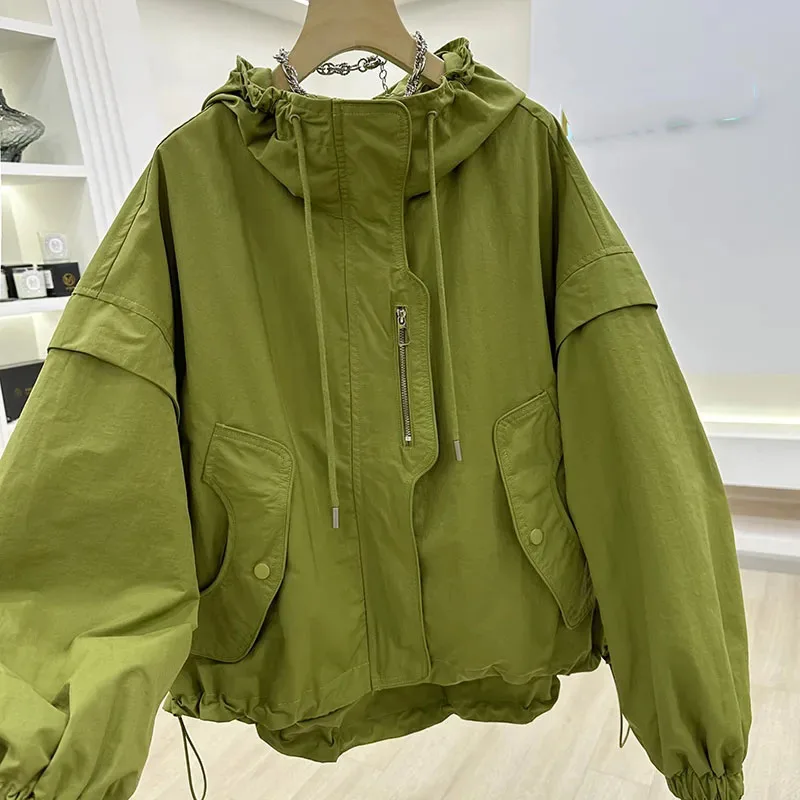 Women Spring Hooded Baseball Jacket 2024 Female Short Long Sleeved Tops Coat Design Sense niche Ladies Loose Fitting Outerwear