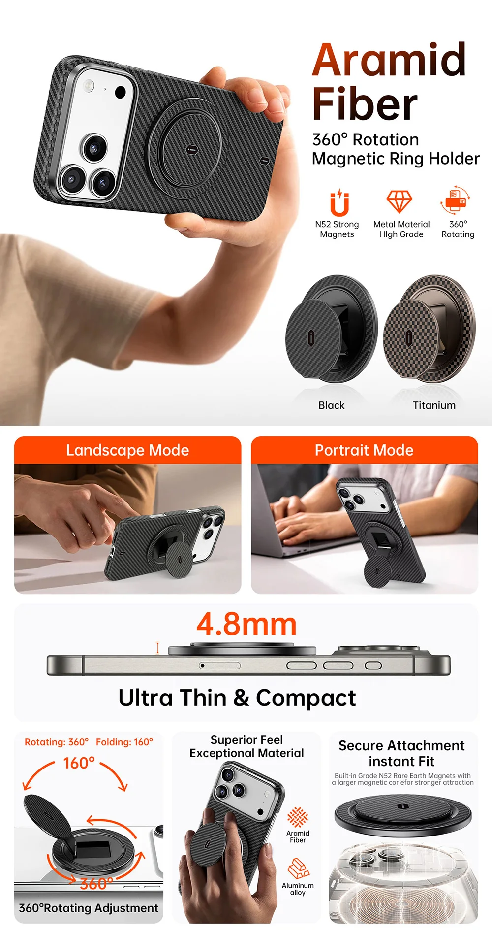 WiWU Magnetringhalterung aus Aramidfaser für iPhone 17 Pro Max 360 ° Rotations-Handyständer für iPhone 16 15, Telefonhalterung – Detail 3
