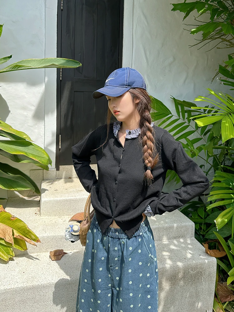 

Женский вязаный кардиган WANNANKE Sweet Cool Girl, простой, белый, в клетку гингем, с оборками, из смешанных материалов