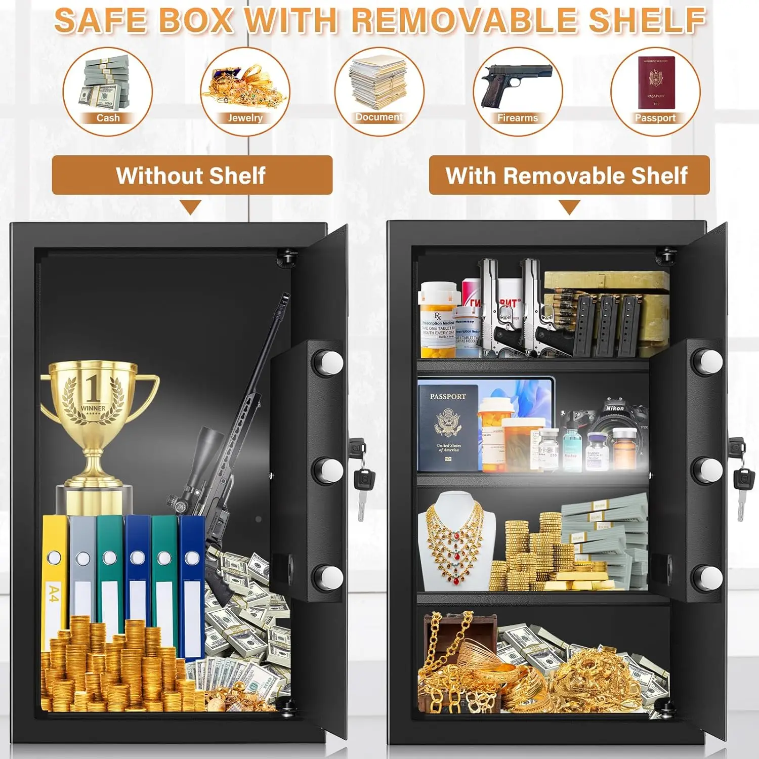 4.3 Cub Large Home Safe Fireproof Waterproof, Anti-theft Fireproof Safe Box with Programmable Keypad, Spare Keys and Removable S