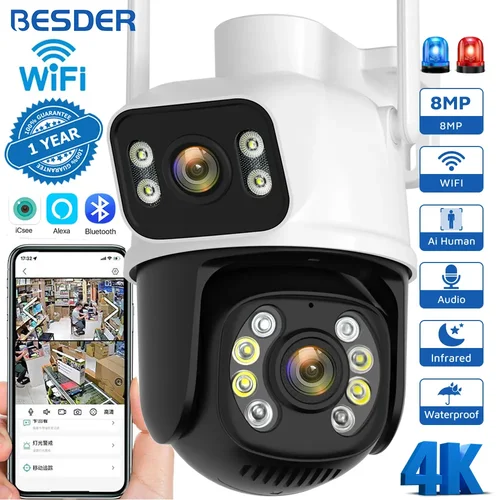 BESDER 8MP PTZ Wifi cámara de visión nocturna exterior pantalla Dual detección humana 4MP protección de seguridad cámara IP de vigilancia CCTV