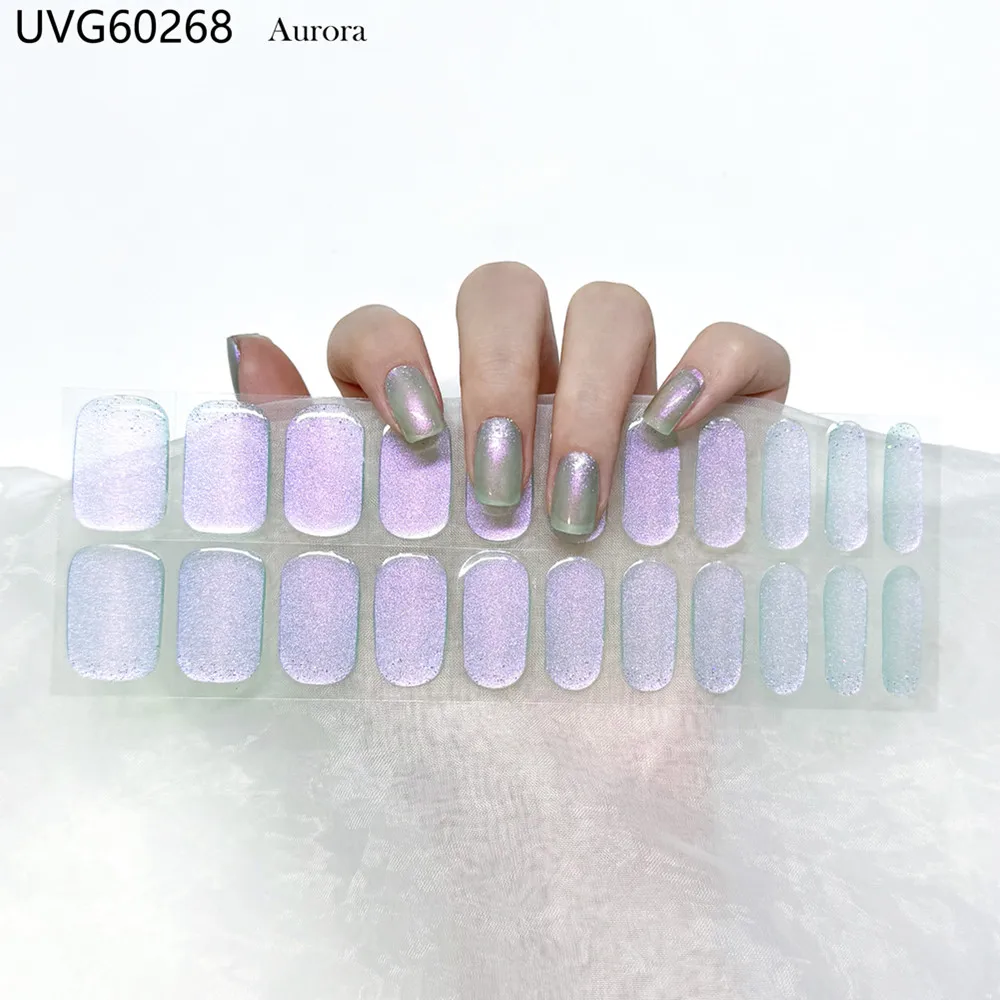 クリスマスセミキュアジェルネイルストライプオーロラグリッターDIYプレスオンネイルアートステッカーネイルスターターキットUVランプ硬化