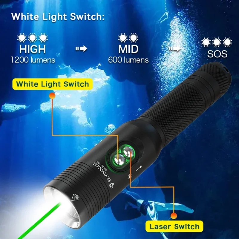 Lanterna de mergulho 1200 lúmens luz verde 100m à prova d'água exploração subaquática equipamento de luz de comando de ensino