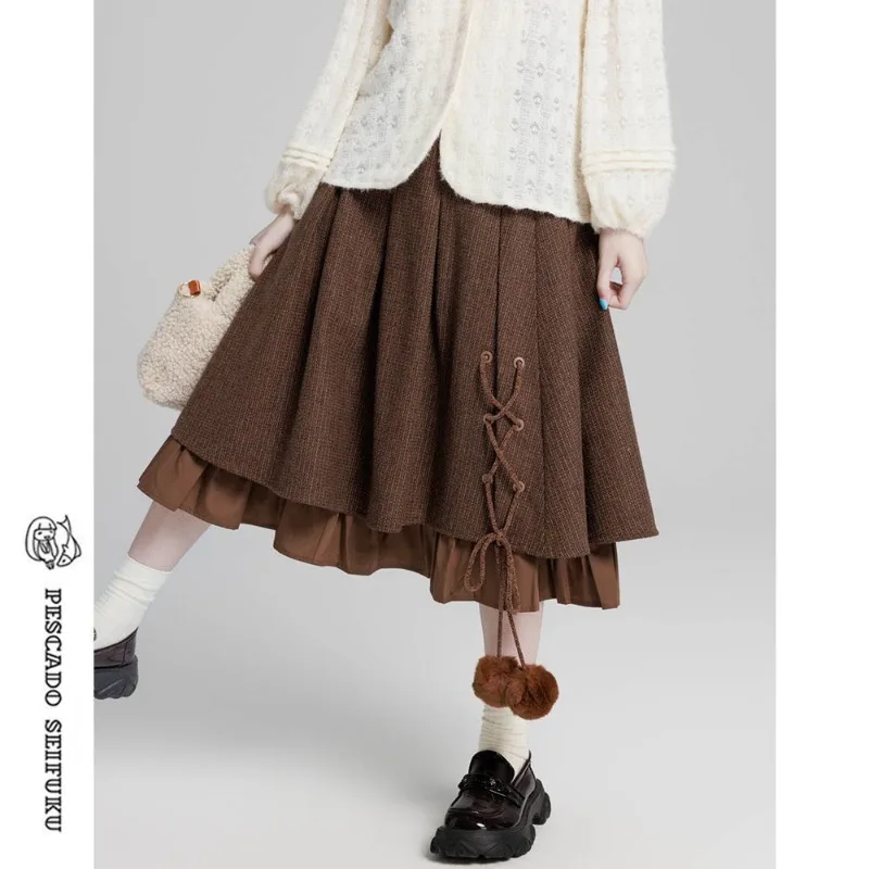 Vintage Y2K Loose College Style Brown Plaid Skirts Women Autumn Winter Sweet Kawaii Mori Girl Style High Waist Gothic Long Skirt