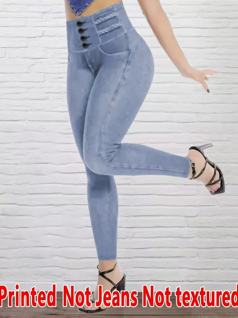Women Printed Leggings Not Denim Fabric, Fake Pocket & Button Print Design Pants, High Elastic Fashion Slim Fit Skinny Casual