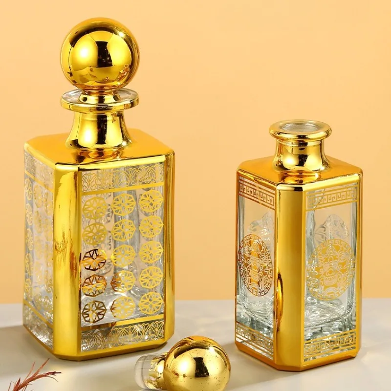 Middle East Electroplated Gold Stamping Cosmetic Bottle 250ml 500ml Dubai Fragrance Refill Glass Vial Empty Essential Oil Jar