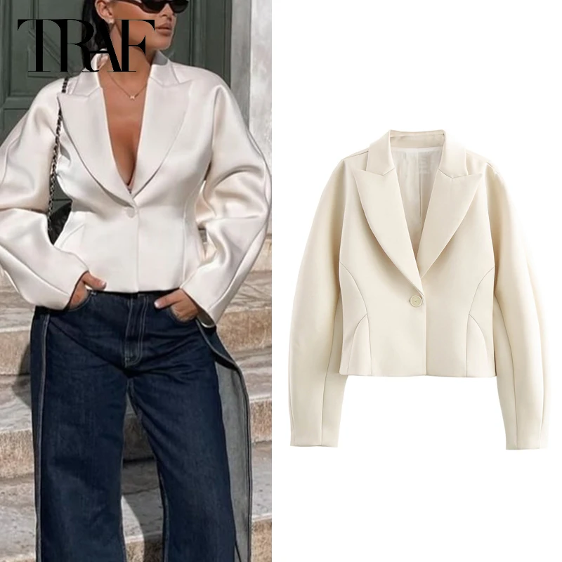 TRAF 2024 Women Short Blazers Women Autumn Elegant Cropped Blazer Coat Ladies Fashion Casual Long Sleeve Coat New In Outerwears