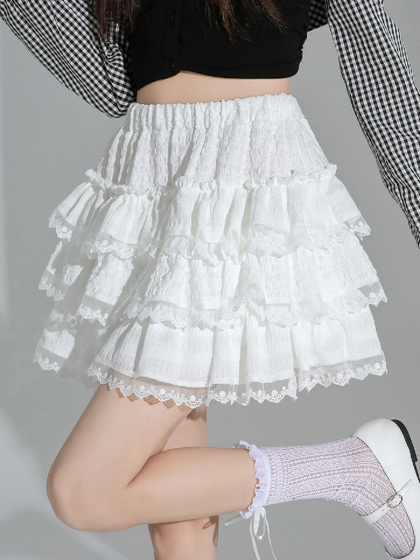 

Белая пышная юбка-кейк с кружевной отделкой для женщин, весна-лето, маленький размер, модная, омолаживающая, А-силуэт