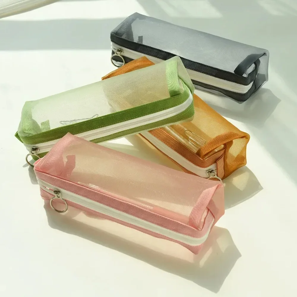 Multifunctional Cosmetic Pencil Bag Nylon Mesh Candy Color Makeup Bags Brushes Case Large Capacity Student Clear Pencil Case