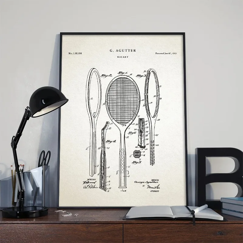 Vintage 1921 Racket Patent Posters and Prints Retro Tennis Canvas Painting Wall Art Picture for Living Room Home Decor