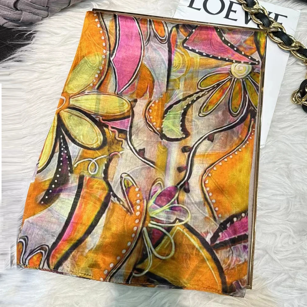 BYSIFA|New 100% Mulberry Silk Scarf Shawl Fall Winter Accessories Women Long Scarves Summer Beach Shawls Yellow, Orange,Pink