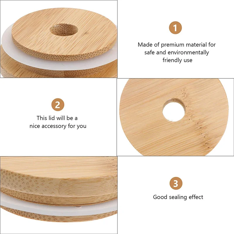 

ABWR-5X Reusable Bamboo Jar Lids 70MM Bamboo Mason Jar Lids With Straw Hole For Wide Mouth Mason Jar