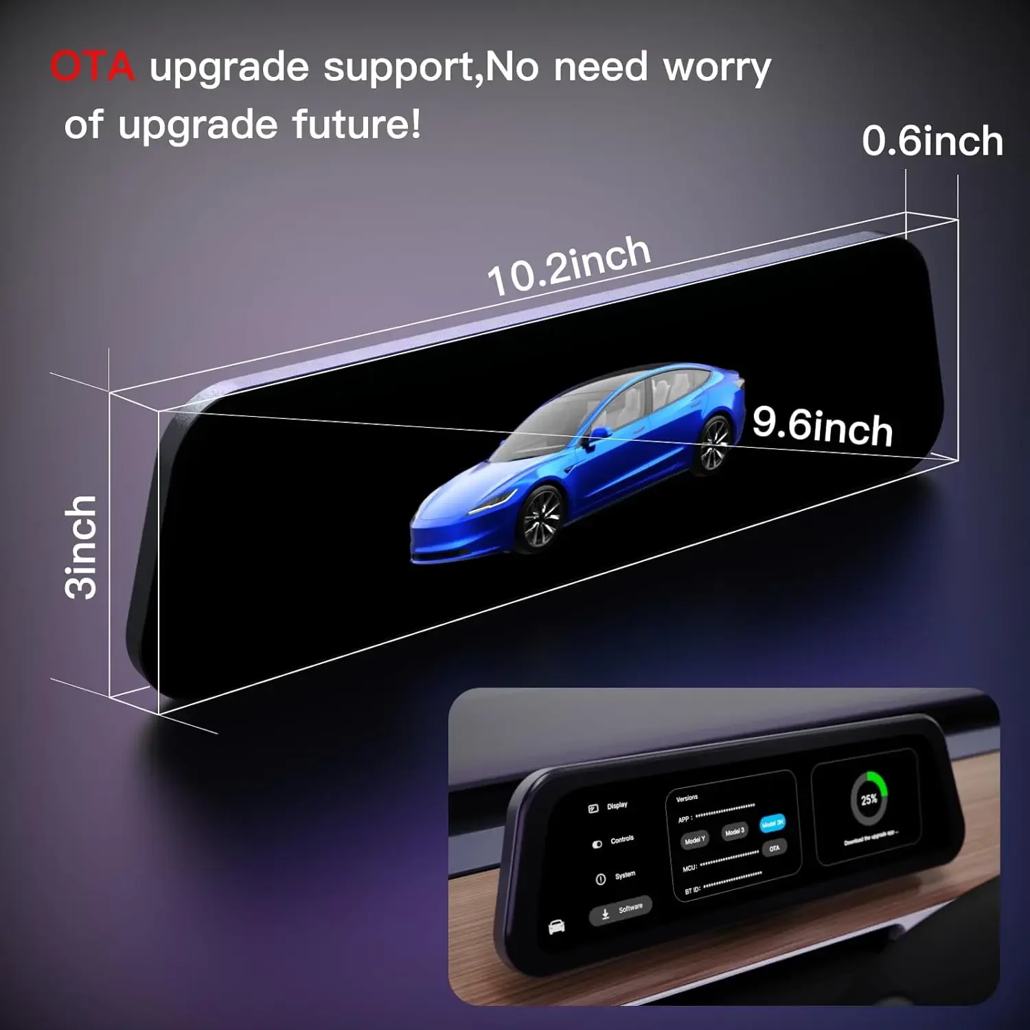 CSSBOON Painel Heads Up Display 9,6 Polegadas Suporte CarPlay Android Auto Tela para Tesla Modelo 3 Y 2016-2025