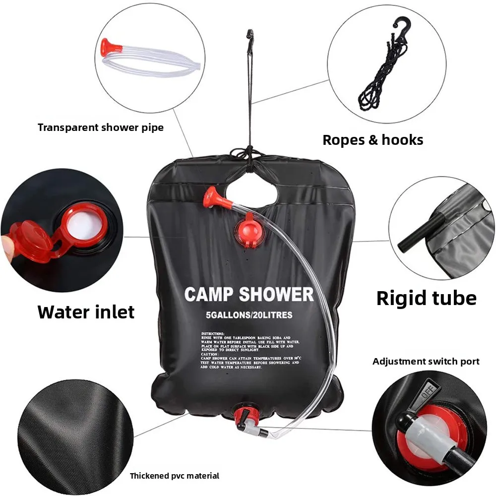 Bolsa de ducha de 20L, bolsa de agua deportiva, bolsa de ducha solar, equipo al aire libre, suministros de almacenamiento de agua para picnic y acampada