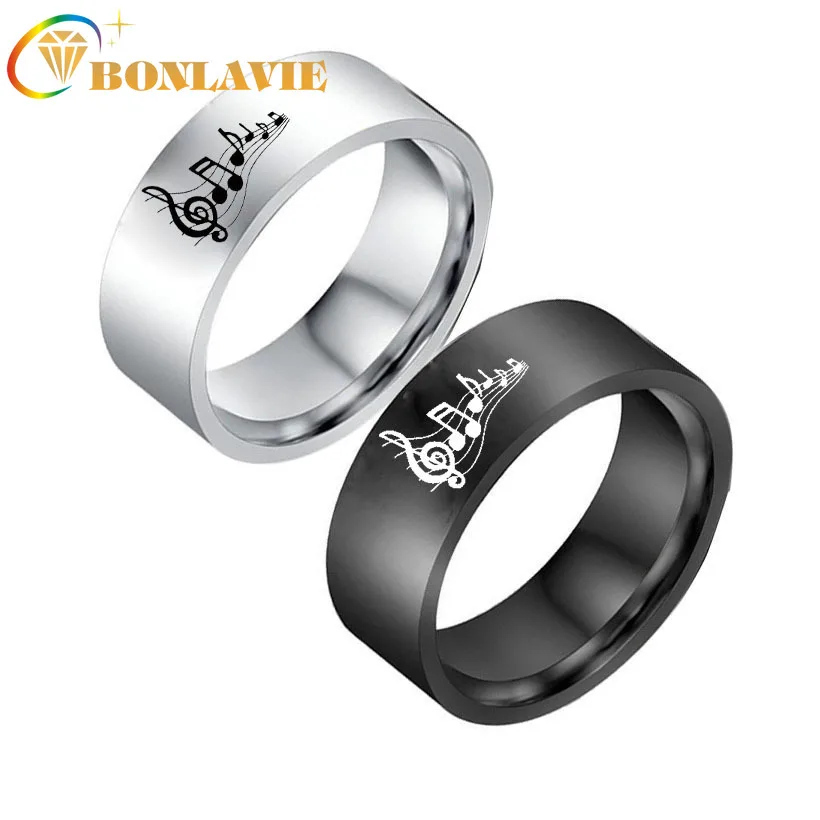 BONLAVIE 8mm Stainless Steel Lovers Ring Musical Symbol Ring Music Note Unisex Ring for Men and Women