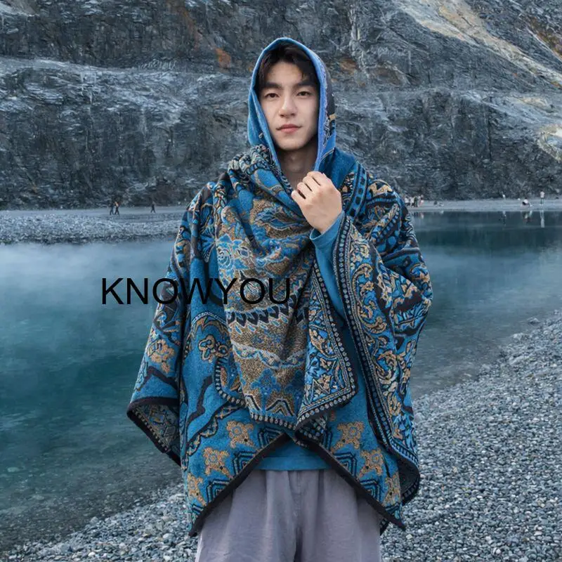 

Men's Thick Outdoor Traveling Shawl with Hat Warm Cloaks Male Ponchos National Style Fashionable Versatile Shoulder Wrap