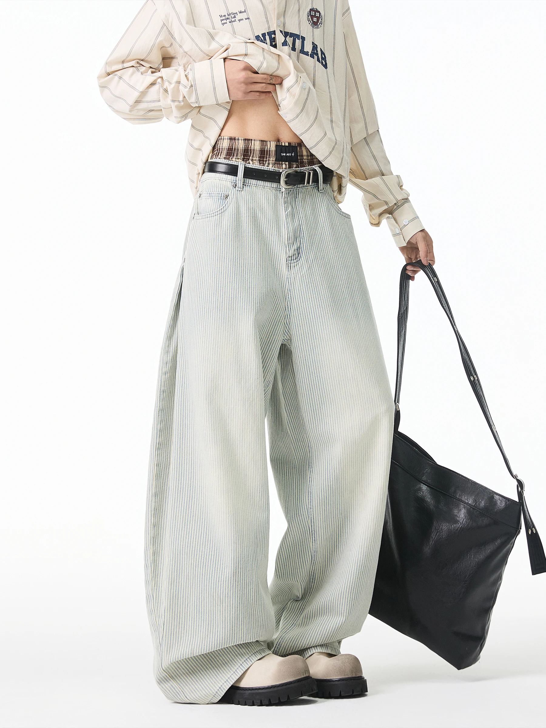 

Американские ретро-джинсы в полоску для мужчин, осенние, прямые, свободные, широкие, длинные брюки, модные, абсолютно новые, 2025 год