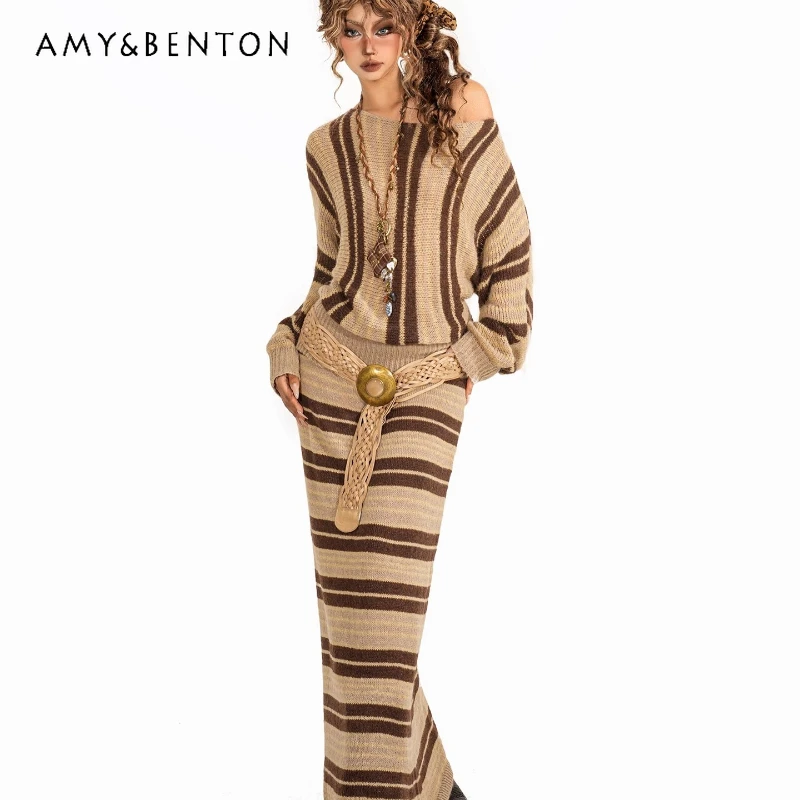 

2025 Autumn Winter New Sweet Cool Sexy Hot Girl Off-Shoulder Women's Sweater Retro Design Striped Knitted Skirts Sets Ladies