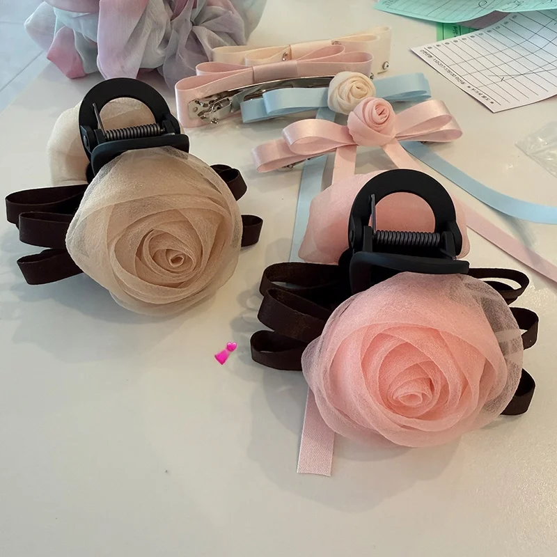 マットソフトチュールローズフラワーヘアクロー-kracc-フォギーソフトライトヘアクリップファッショナブルな韓国スタイルのヘアアクセサリー