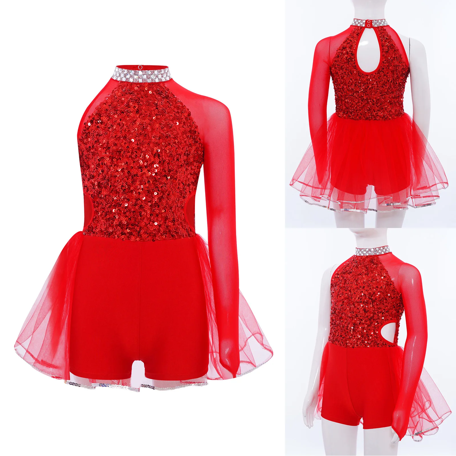 بدلة رقص باليه لموسيقى الجاز للأطفال البنات غير متناظرة بأكمام طويلة مزينة بالترتر اللامع من التول مع أداء قاعة الرقص