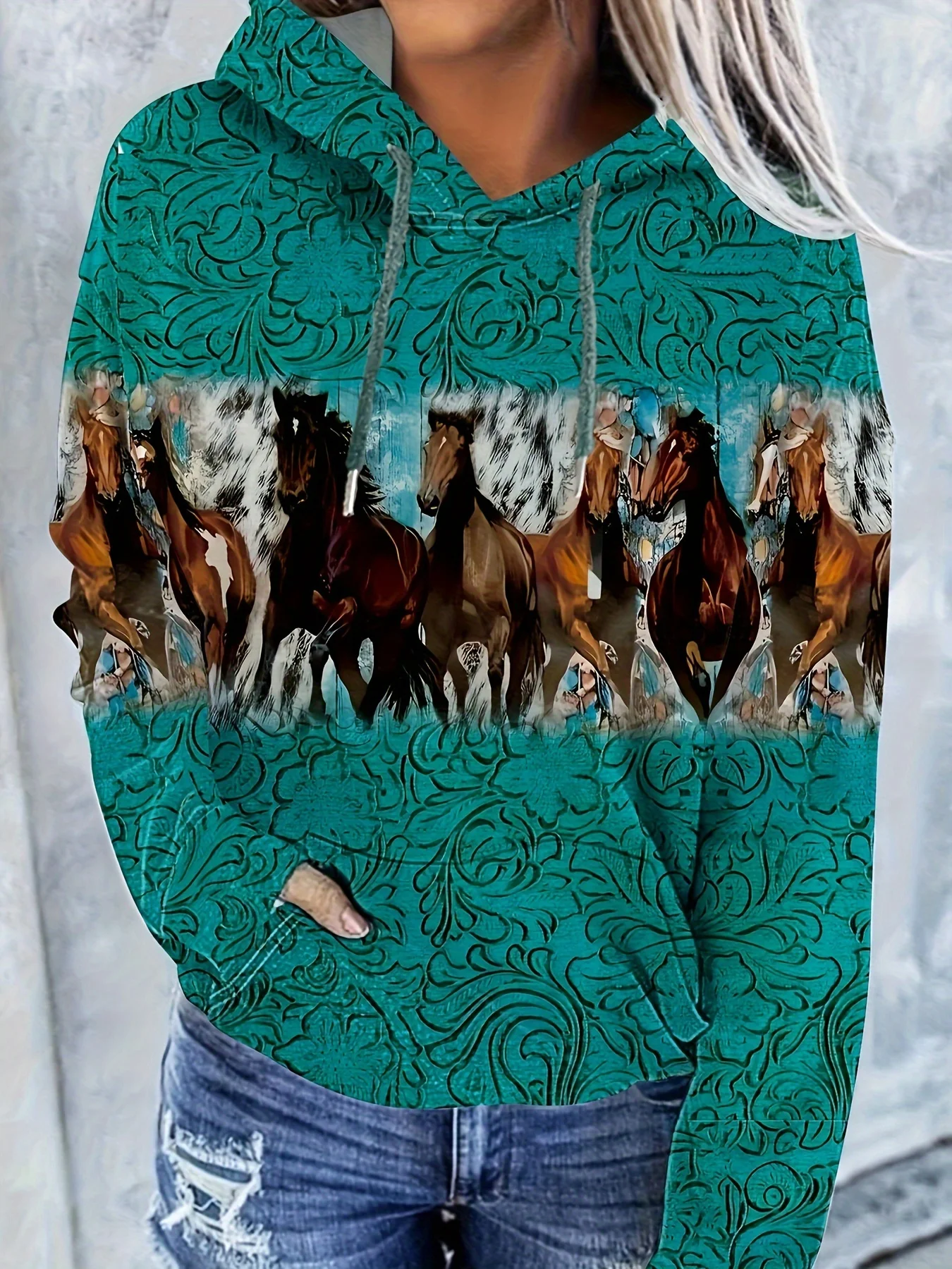 المرأة الغربية العرقية طباعة البلوز هوديي عارضة الرجعية طباعة مقنعين البلوز الملابس النسائية قمم