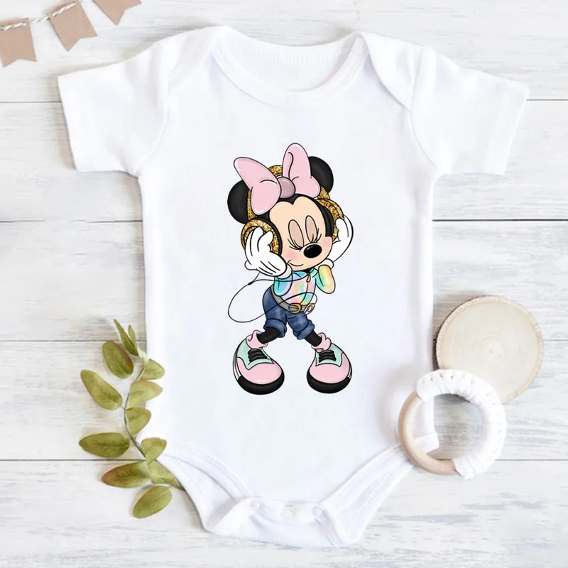 Śliczne Leopard Minnie Mouse Disney Newbron body odzież dla dzieci lato krótki rękaw bawełna Minnie Kawaii Romper kombinezon