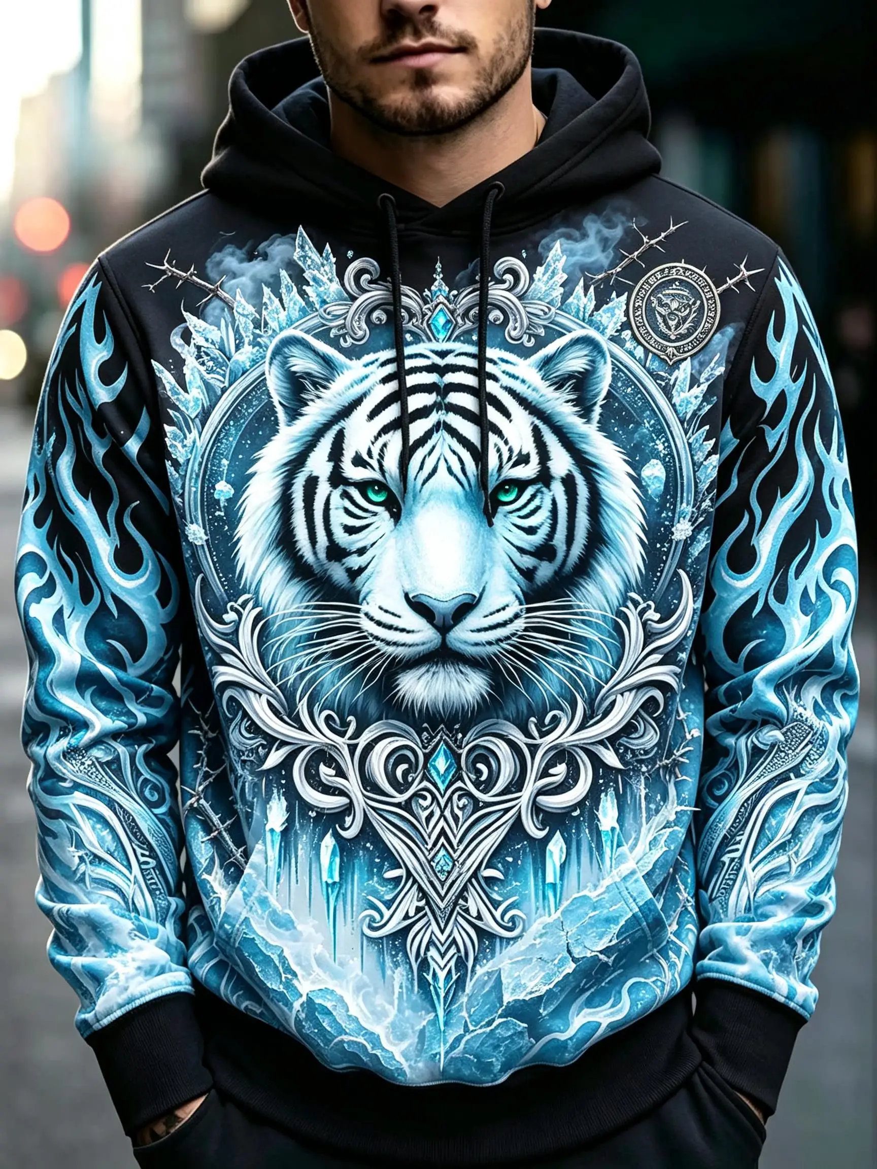 2026 Men's Hoodie Thin Autumn Winter Blue Flame Ice Tiger Print Long Sleeve Male Casual Streetwear Sweatshirt Tops Clothes