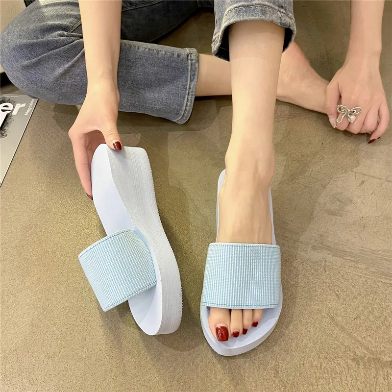 COOTELILI 2022 New Fashion Slippers Women Shoe Platform Round Toe Summer Women Slippers Blue Pink Yellow 5cm Heel 35-40