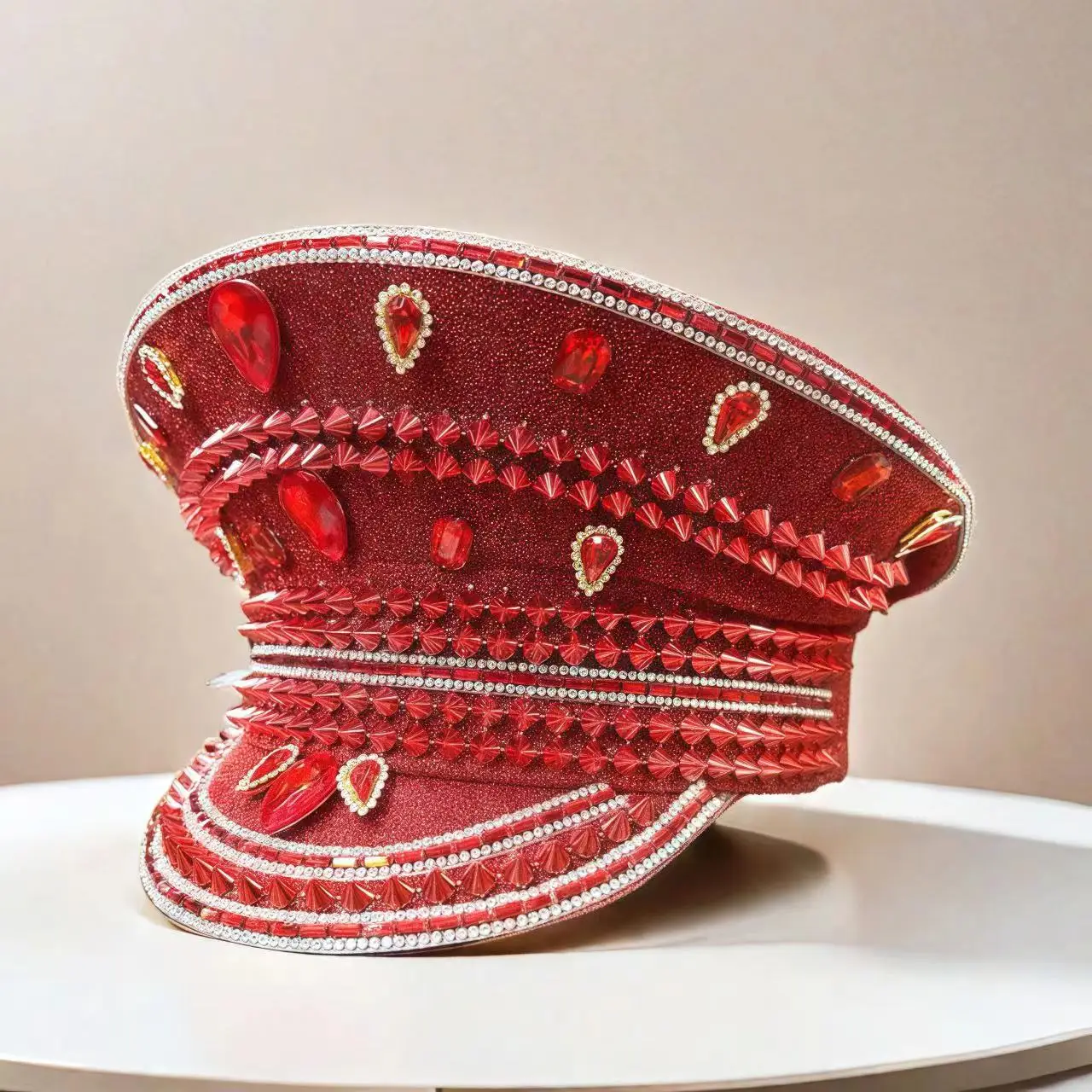 Rot Strass Luxus Festival Kapitän Hut Hochzeit Militär Kapitän Hüte Steampunk Caps Punk Nieten Sergeant Hut Maskerade – Detail 10
