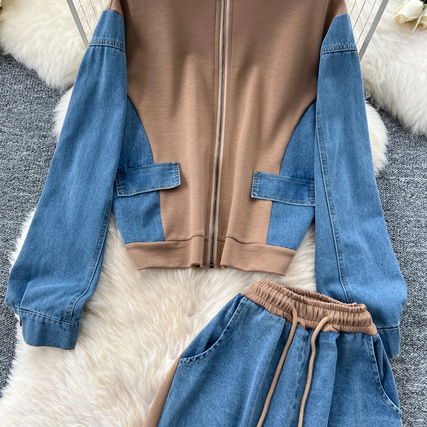 Pant Set Women Two Piece Sets Denim Stand Collar Matching Sets Casual Loose Tops Wide Leg Long Pants Lace Up Y2k Streetwear