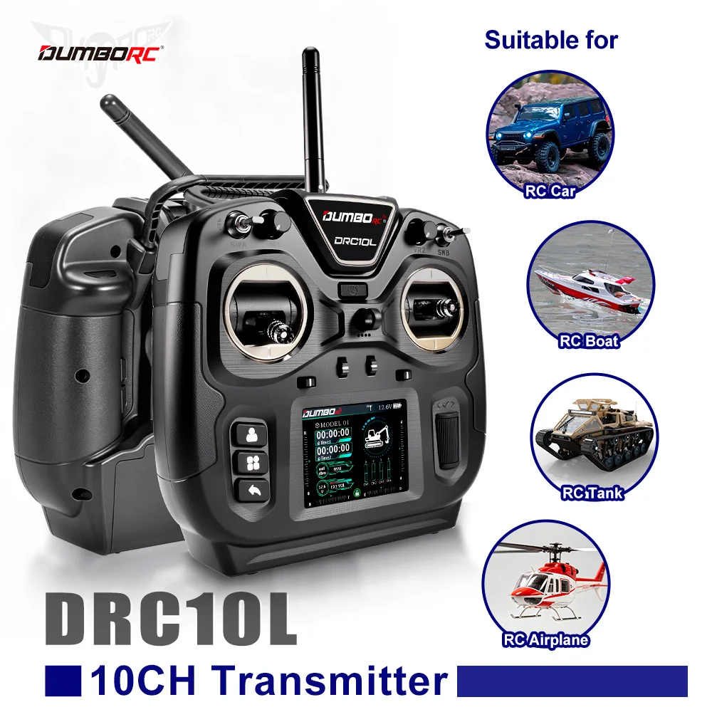 DUMBORC RC Transmitter DRC10L 10CH 2.4G FHSS Radio Controller Wired & Wireless Coach Mode 20 Model Memory For RC Car Boat Tank