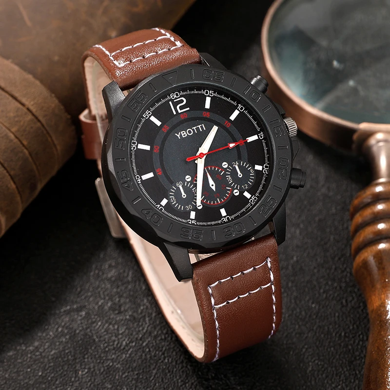 Luxury Men Watches Leather Strap Three Eyes Digital Dial Business Casual Quartz Watch Fashion Sports Man Clock Relogio Masculino