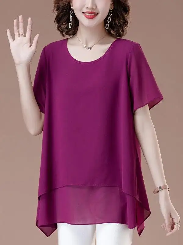 

Summer New Sle Loose Fit round Ne ort Sve Chiffon Top Women's Faionable Pure Color Midi Length Slimming Top