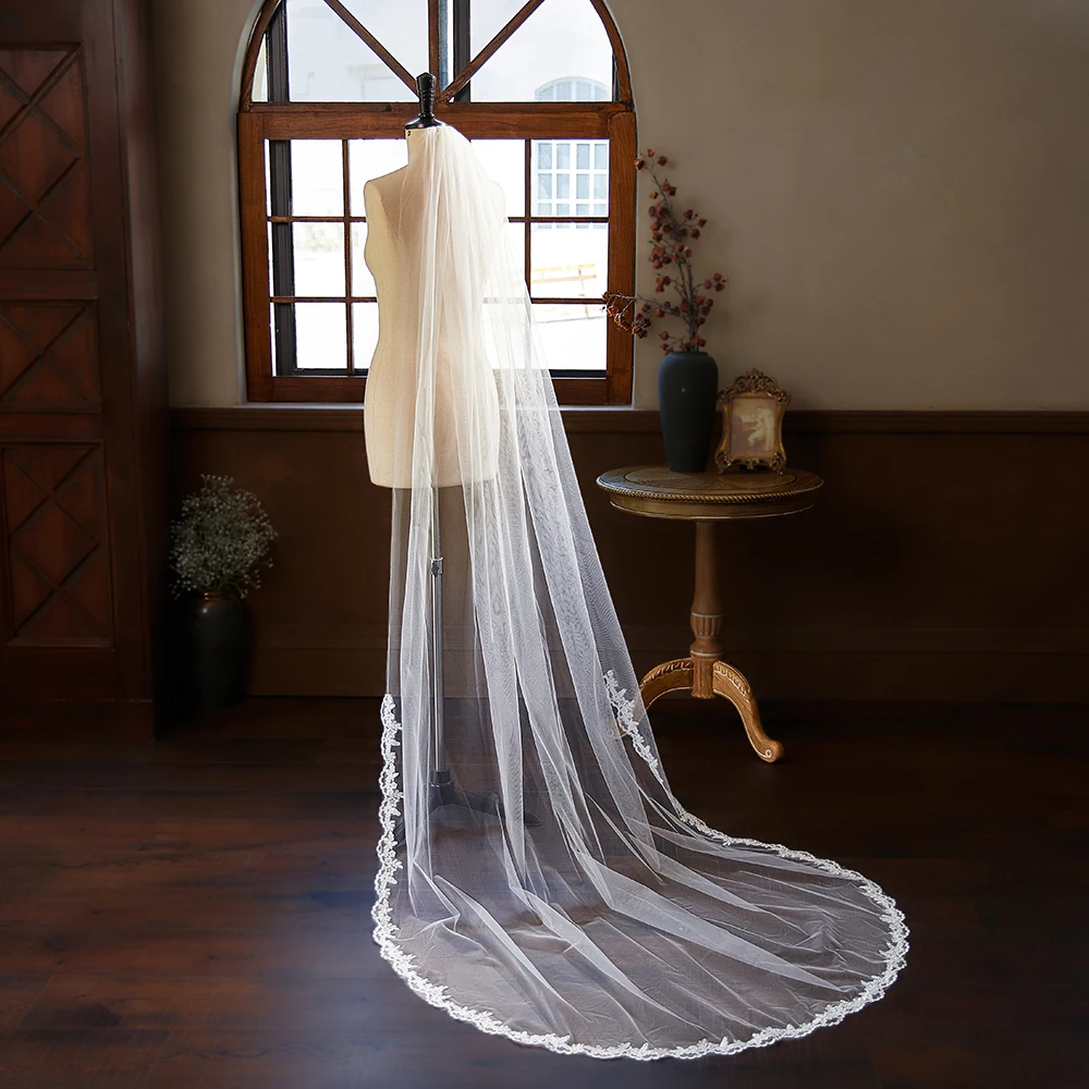 230CM Elegant Lace Applique Edge Bridal Veil One Layer Soft Tulle Marriage Wedding Veil Accessories for Women image 3