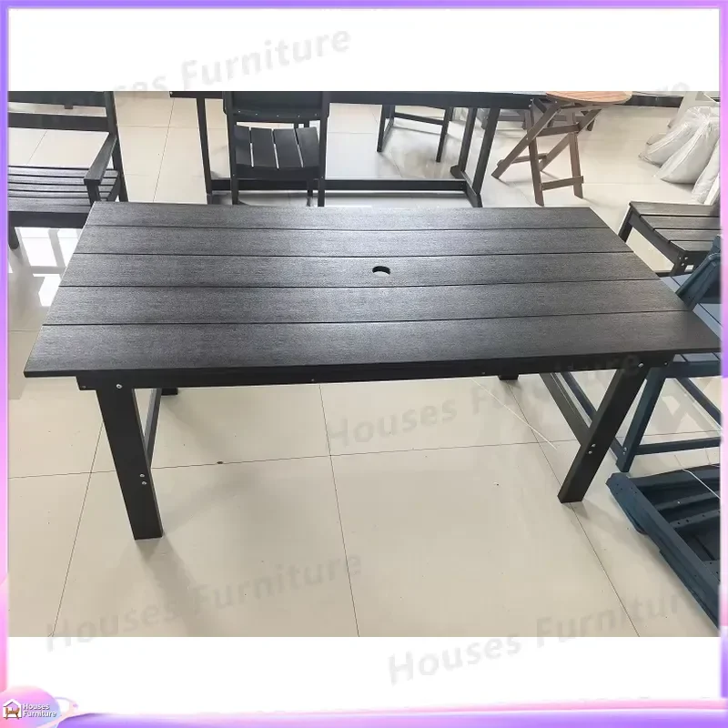 67 Inch Rectangle Outdoor Dining Table for 6 HDPE Patio Furniture with Umbrella Hole Black Garden Terrace Hotel Restaurant