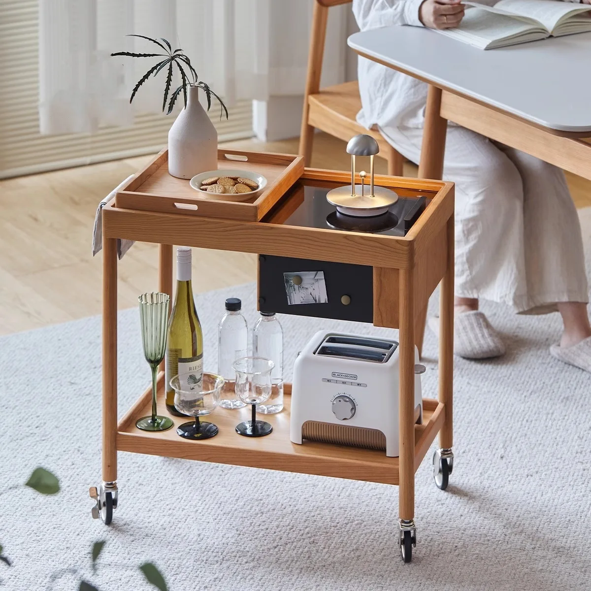 Solid wood edge table, Nordic movable trolley, cherry wood small apartment Japanese coffee table