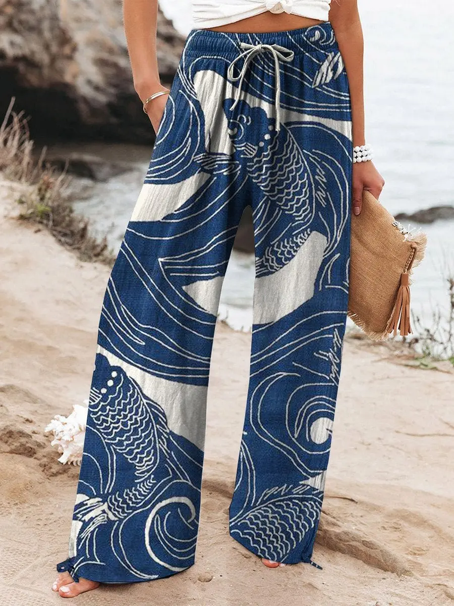 Sea blue Bubbles Women's Printed And Linen Casual Pants